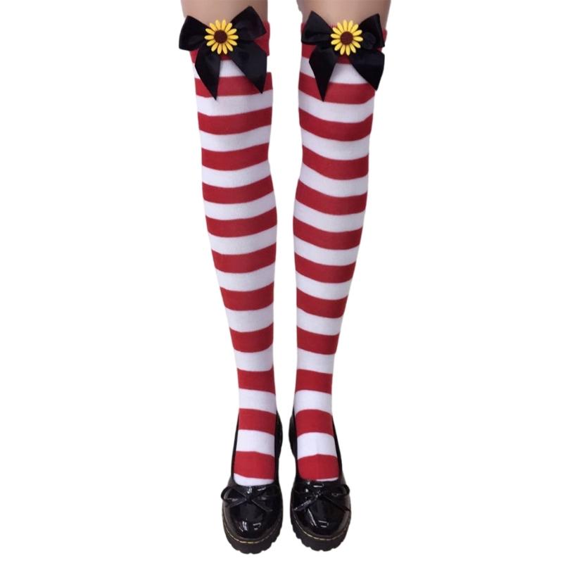 Festival-Schleifenakzent Gestreifte Lange Socken für Damen Weihnachtsfeiern Cosplay Oberschenkelhoch Über dem Knie Strümpfe Strumpfwaren