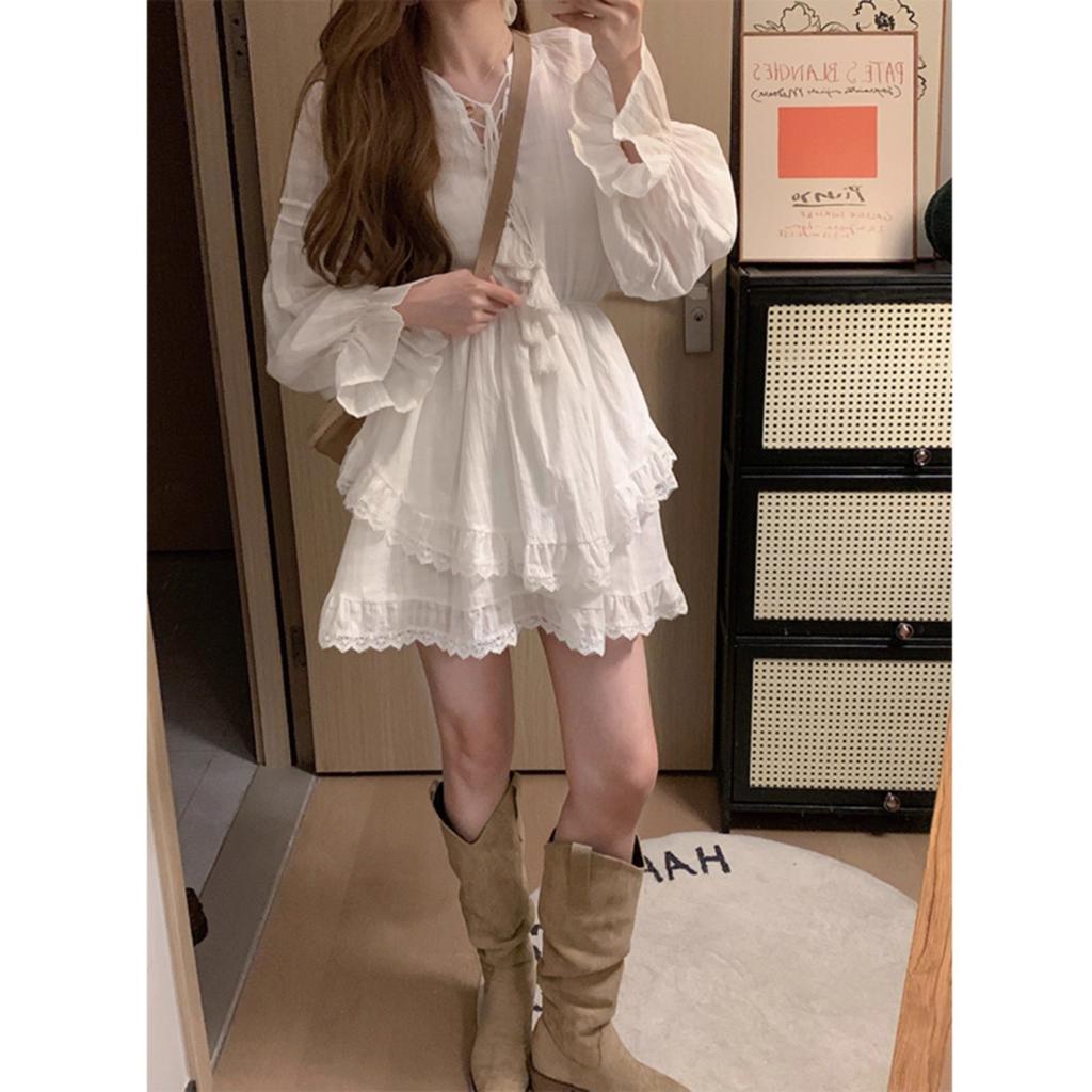 First Love Plot White Texture Temperament Dress Large Size Mm Spring French Long Sleeve Irregular Cake Skirt