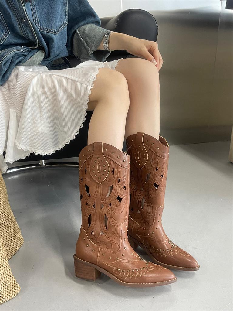 2025 Summer New Retro Xinjiang Cowboy Boots Women's Hollow Boots Are Fashionable But Knee-thin Boots
