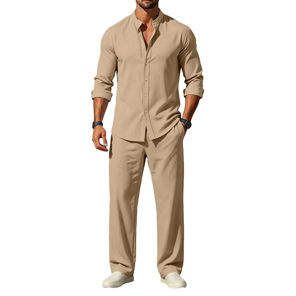 Men's Striped Texture Long Sleeve Shirt and Pants Set for Everyday Wear