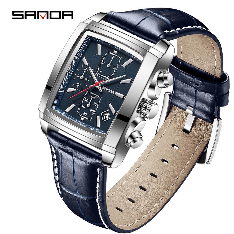 Sanda Men s Quartz Watch: Square, Three Dials, Six Hands, Fashionable Calendar, Waterproof.