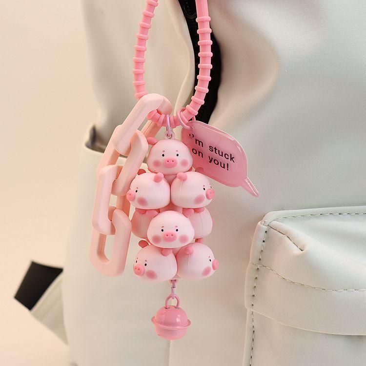 

Kawaii Stacked Cartoon Pig Keychains Bell Creative Student Couple Backpack Hanging Decoration Mobile Phone Case Strap Pendants