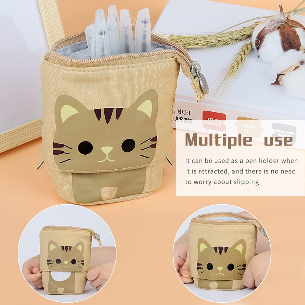 Hillylolly Pencil Case Cat, Children's Pencil Case Cat, Cat Stationery, for Girls Boys Teen Gift, 12.5 ~ 19 Cm, Khaki, Pencil Case Cat