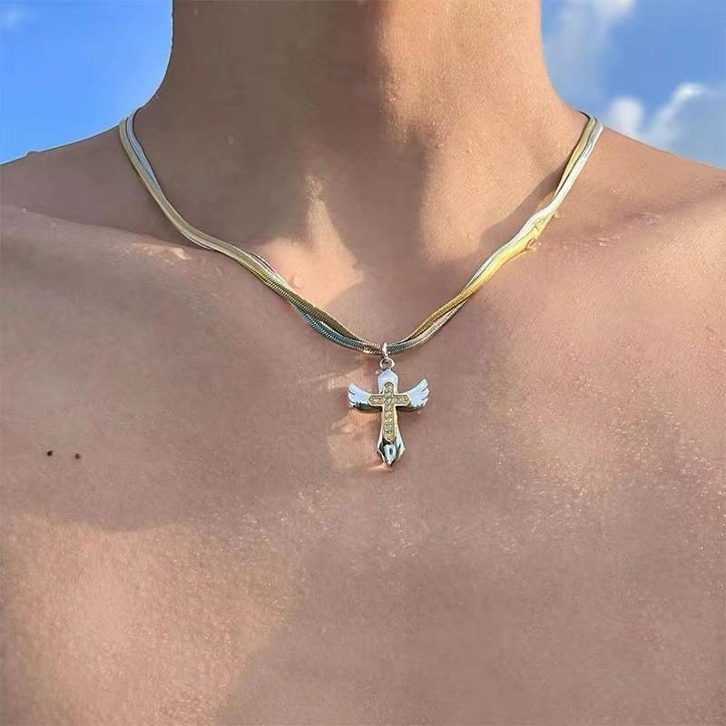 Men Niche Cold Wind Wings Cross Clavicle Chain Snake Bone Necklace European Street Versatile Stack Daily Fashion Neck Accessory Gift