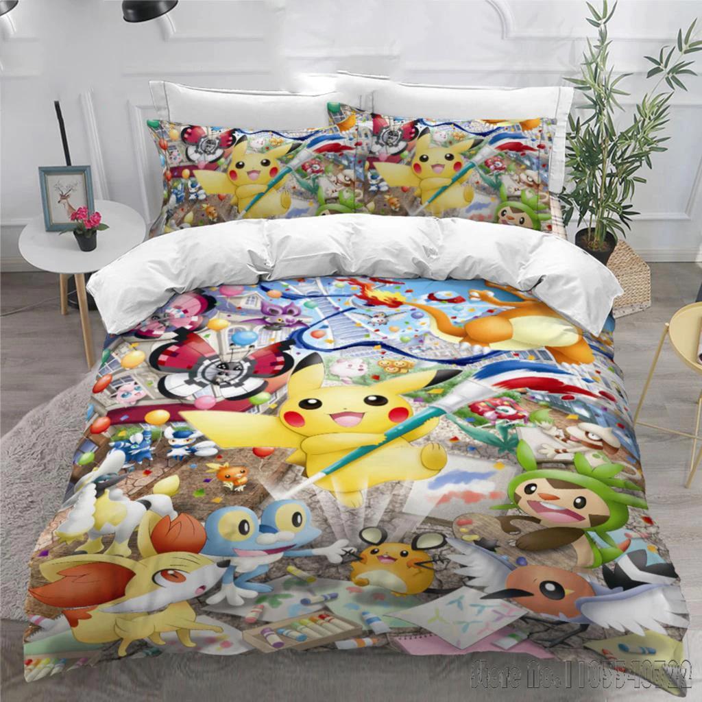 Anime Pokemon Pikachu Bedding Set Quilt Duvet Cover Comforter Bedclothes Twin Single King Kids Adult Gift