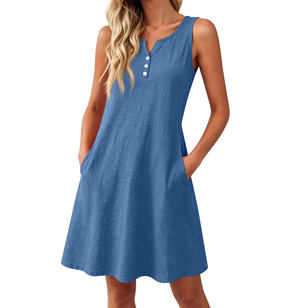 Summer Dresses Loose V Neck Sleeveless Sundresses Swimsuit Coverup With Pockets