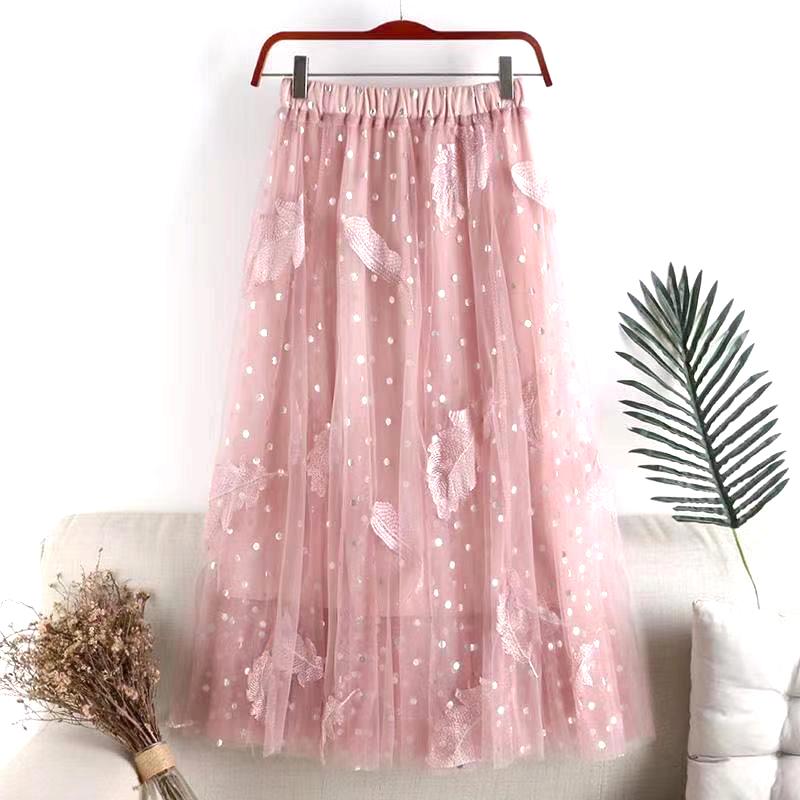 Qooth Polka Dot Midi Skirt Calf Length Tulle Skirt Embroidery Print with Paillette for Summer QT2108