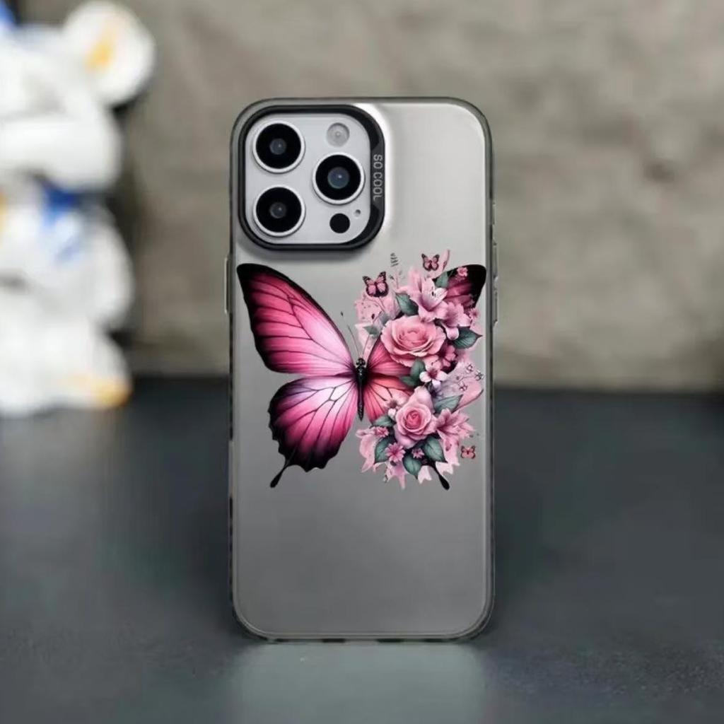 Silver Shell Butterfly & Flower Design Phone Case for Apple 17/16/15 Pro, 14 Pro Max, 13, 12