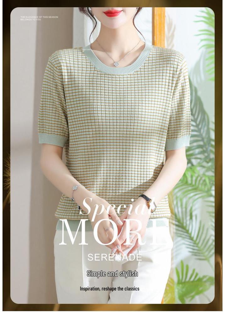 Elegant 2026 Ice Silk Knit Top - Short-Sleeve, Round Neck for Middle-Aged & Elderly Women
