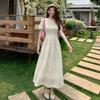 High Quality Runway Design Embroidered Beaded Round-Neck Wedding Dress for Women Summer Lace Crochet Slim Pleated Dress