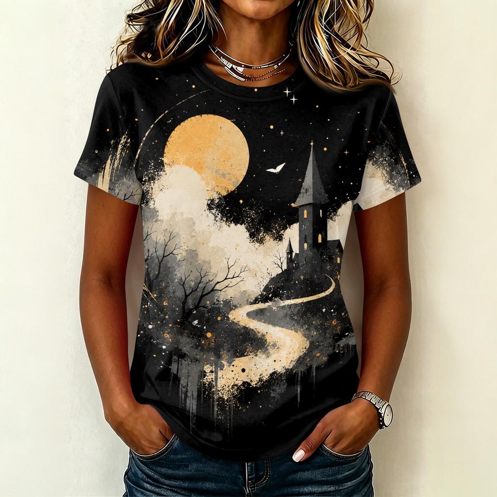Women's Casual Pullover Short Sleeve T-Shirt Halloween Print Top Crew Neck Relaxed Fit Lightweight Tee for Everyday Wear