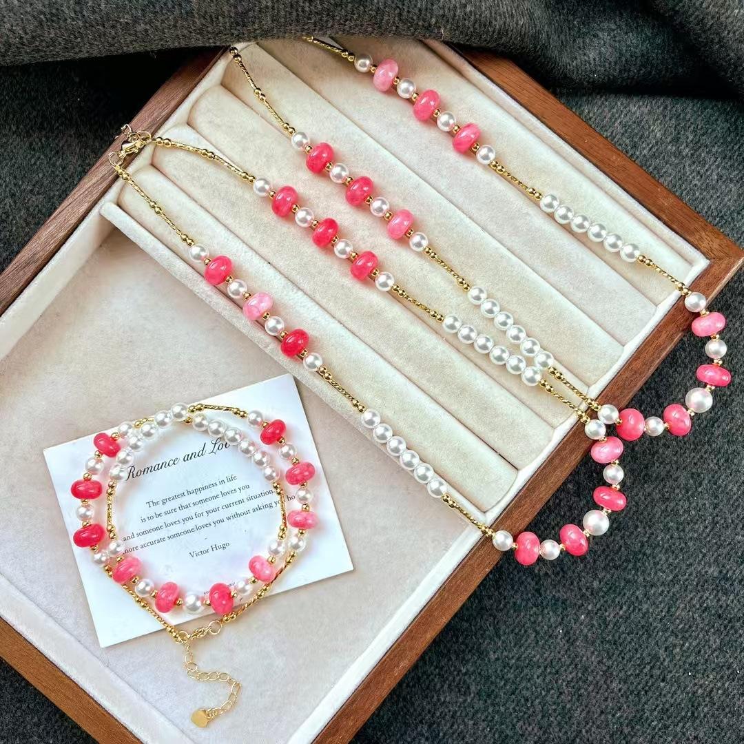 Vintage Faux Crystal Pearl Ruby Collarbone Chain Necklace