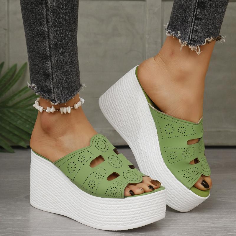 Summer New Slope Heel Thick Bottom Hollow Out Women's Slippers Fashion Versatile Women's High Heels Slippers Casual Slippers