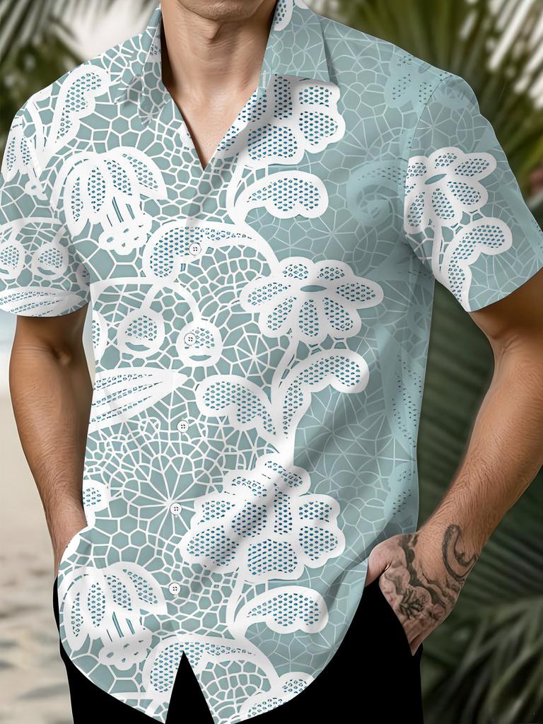 Plus Size Men'S Short Sleeve Shirt, Lace Style Casual Short Sleeve Top, White Floral Element Oversized Men'S Athletic Short Sleeve Shirt, Light Blue