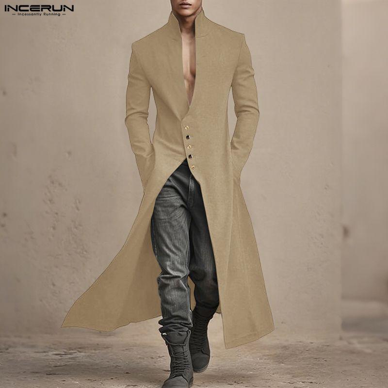 INCERUN Men Turn-down Collar Long Sleeve Button High Splits Long Cardigan Tunic Tops