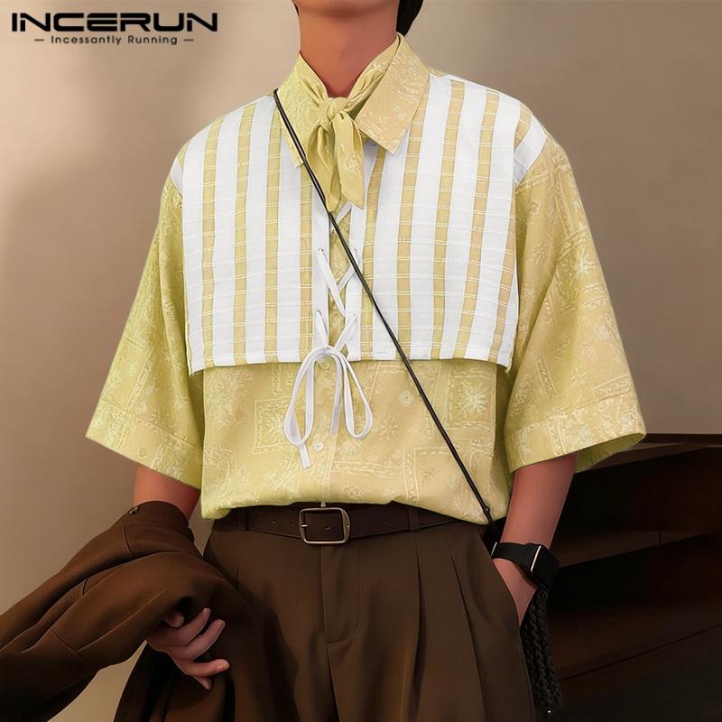 INCERUN Herren Reverskragen Kurzarm Floral Print Splicing Spitze Lässige Lockere T-Shirts Hemden