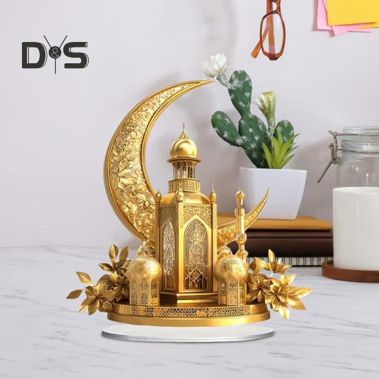 Acrylic Moon Castle Ornament 2D Flat Golden Crescent Moon Mosque Table Sign Holiday Party Home Office Living Room Bedroom Desktop Decoration