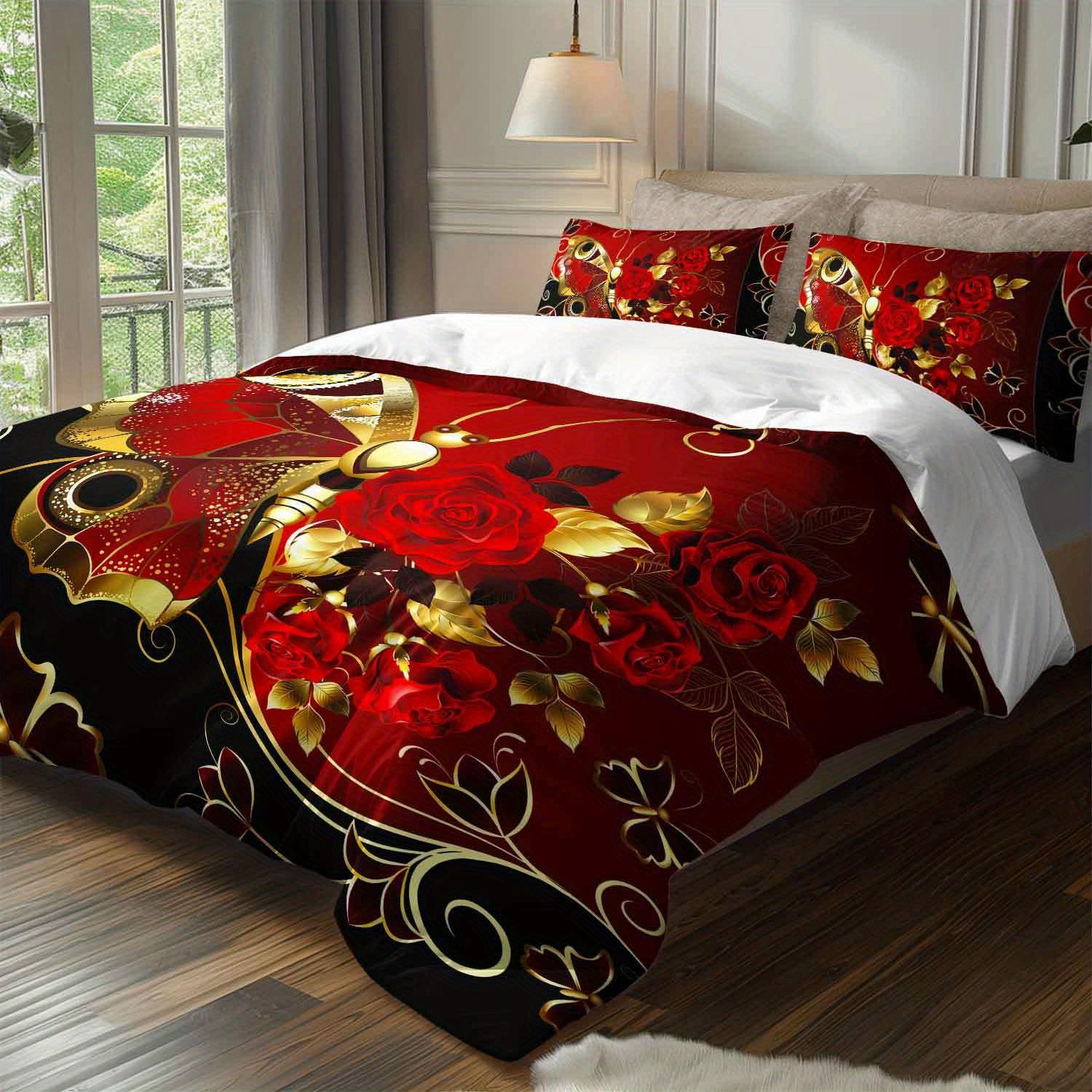 

3pcs Red Rose Golden Butterfly Bedding Set Luxury Butterfly Duvet Cover Set Romantic Themed Quilt Cover Set Elegant Design (135x200cm)