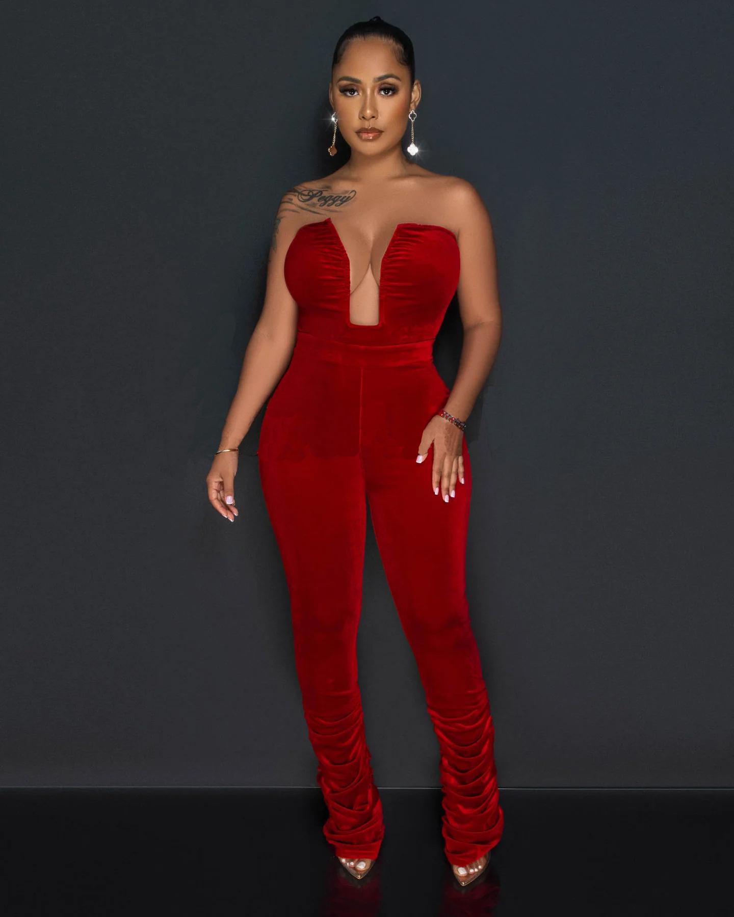 

Бархатный комбинезон в европейском и американском стиле для женщин - сексуальный, повседневный стиль (RC3245) L красный