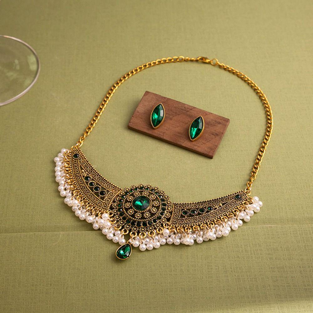 Pearl Bohemian Earrings Suit Gold Retro Clavicle Chain Fashion Ethnic Style Necklace  Women