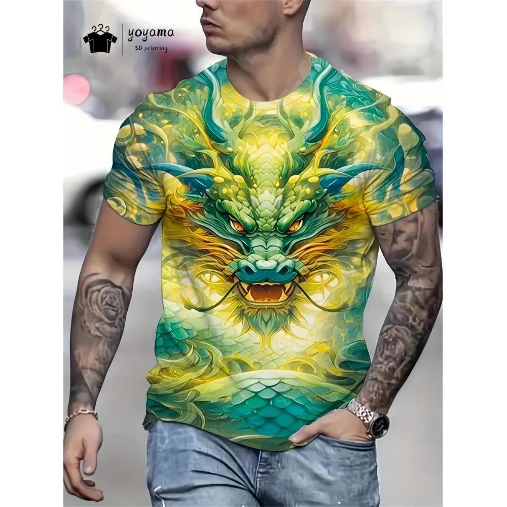 Summer 3D dragon pattern men's T-shirt, street fashion men's top, trendy oversized men's clothing, casual men's short sleeved T-shirt