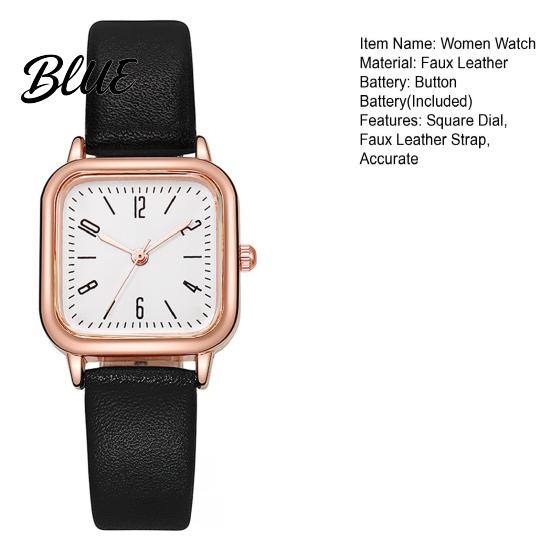 Quartz Movement Watch Women Square Dial Faux Leather Strap Ladies