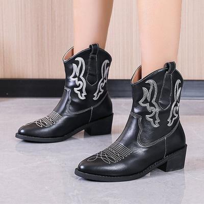 Embroidery Design Ankle Boots Women Pointed Toe Square Heel Fall Winter Leather Pu Knight Boots for Women Handmade Botas Mujer