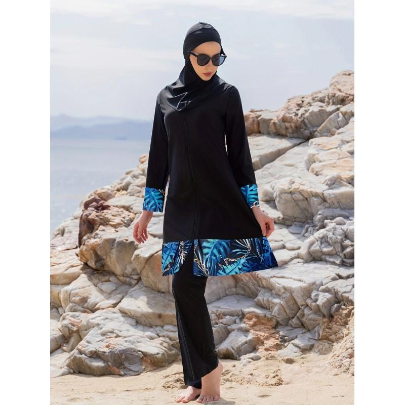 Costume da Bagno Intero da Donna Modesto a Manica Lunga con Copricapo e Pantaloni - Costumi da Bagno con Protezione UV per Spiaggia e Piscina
