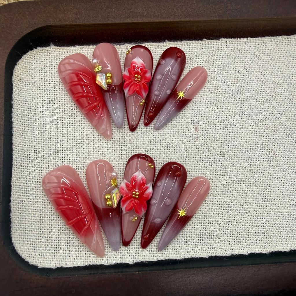 Handmade Press On Nail French Red Purple Gradient Blur 3D Carved Flowers Gold Pearls Stars Long Almond Fake Nail Patch Artificial Nail Reusable