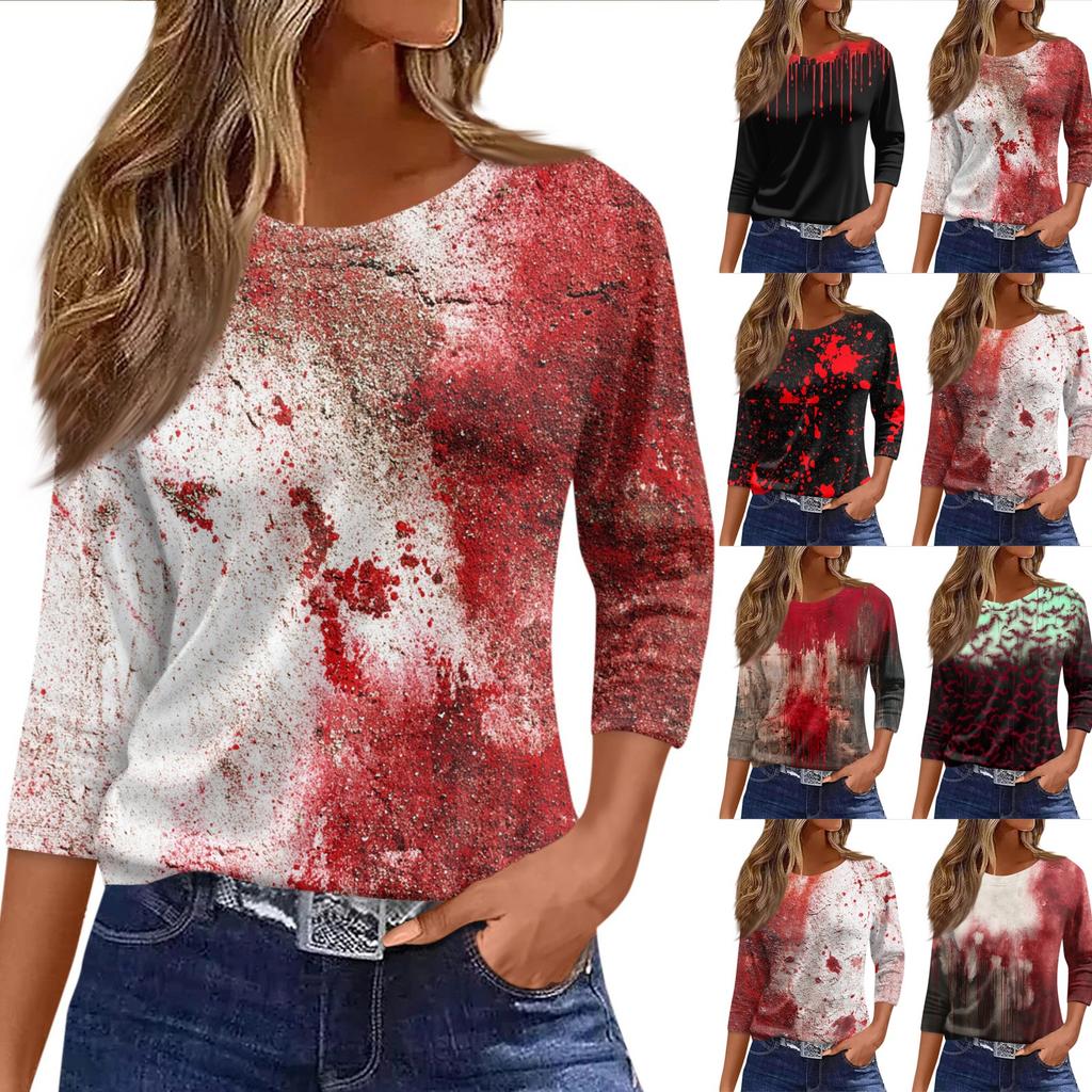 Dame Mote Casual Trekvartsermet Halloween Trykket Rund Hals Topp