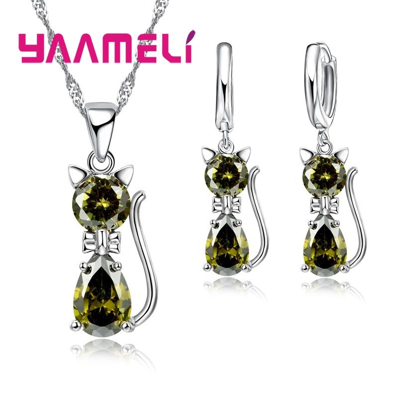 Real Zinc Alloy Sterling Zinc Alloy Color Zircon Sets for Woman Girls Shining Austrian Crystal Cute Cat Pendant Necklace Huggie Earring