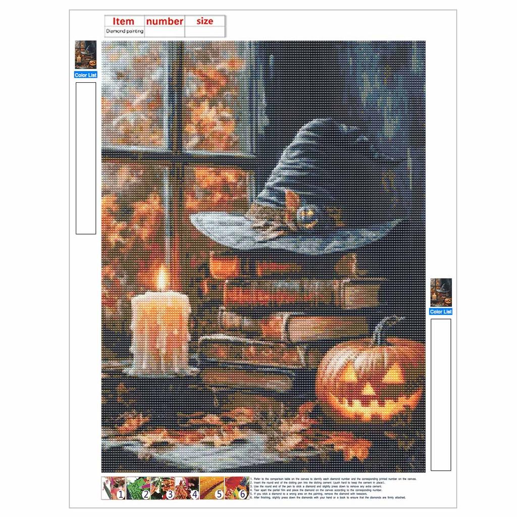 5D Diamond Painting Kit Halloween Witch Hat Books Pumpkin Candle Pattern DIY Rhinestone Art Canvas Relaxing Craft Wall Decor Gift