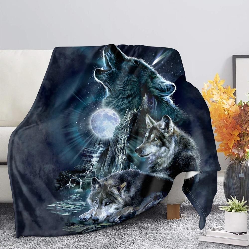 Mystical Wolf Pack Flannel Throw – Enchanted Night Sky Print, Soft Cozy Naptime Blanket All-Season Warm Decor Gift For Sofa Bed