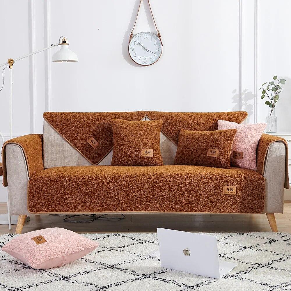 Capa de sofá moderna de lã de cordeiro macia e suave, capa de pelúcia espessa, tapete de inverno, toalhas de sofá antiderrapantes