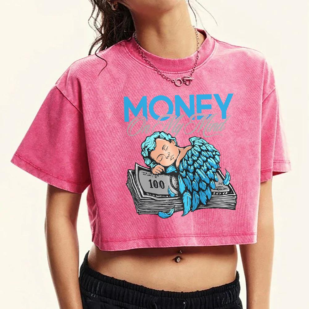Das Engel-Junge schläft auf Geld bedrucktes gewaschenes T-Shirt Damen Slim Baumwoll-T-Shirts Mode Kurzarm-Top