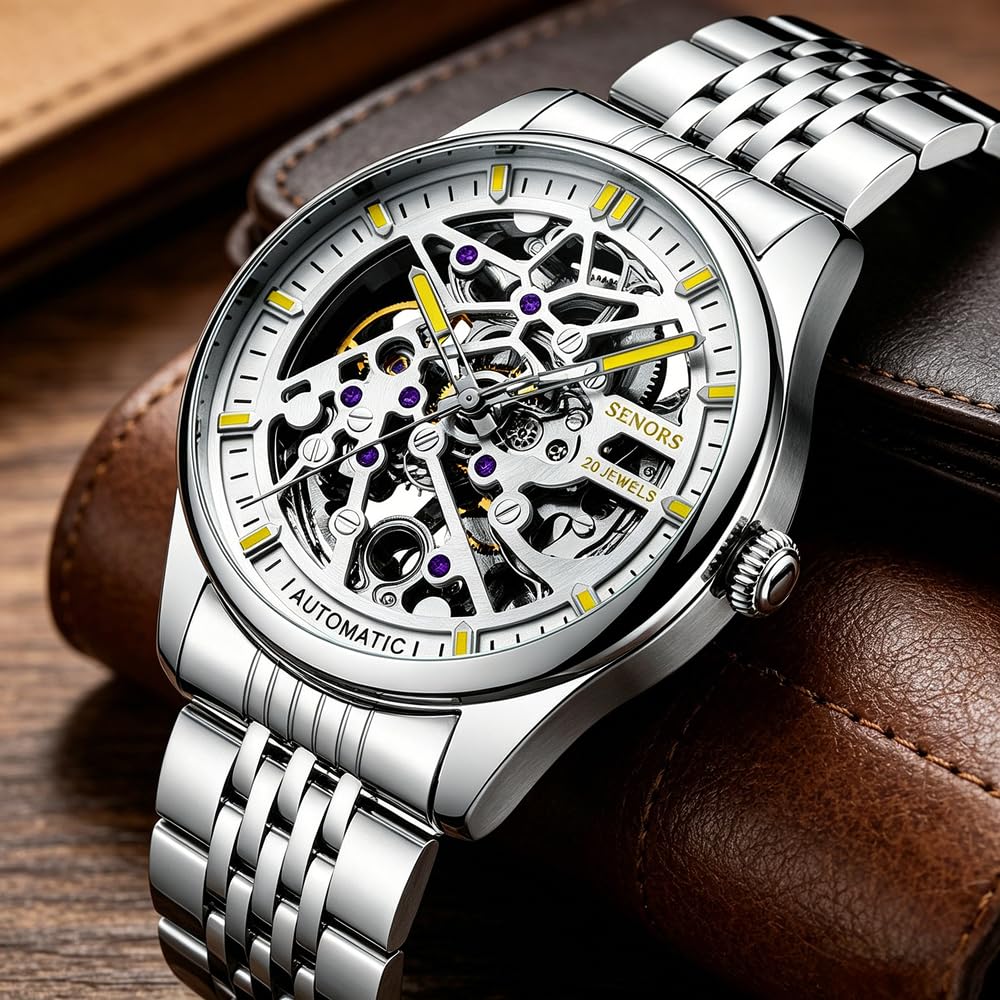 Luxury Men's Skeleton Automatic Mechanical Watch Stainless Steel Bracelet Hollow Self-Winding Wrist Watch Luminous Analog Dress Watch for Men