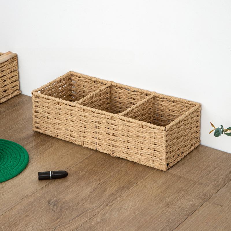 1pc Woven Three-Compartment Storage Basket, Handmade Paper Rope & Willow Storage Bin, Toilet Tank Top Tissue Box Holder
