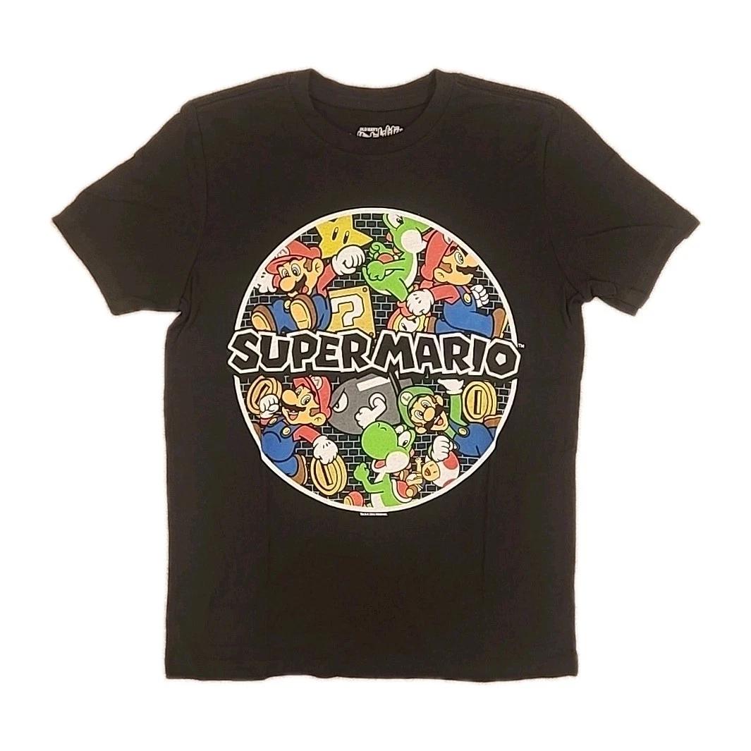 

NOS Super Mario Circle Graphic Characters Kids Boys Medium Black Tee Yoshi Toad 150