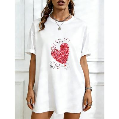Oversized T Shirt Dress Black Red Sequin Heart Print Casual Streetwear For Women