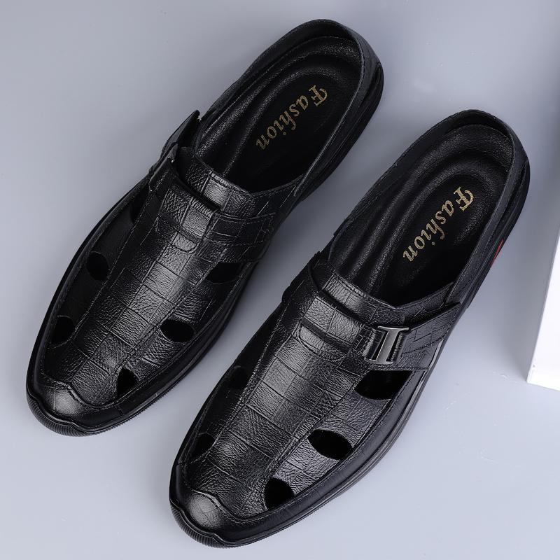 Heißeste Verkäufe Neueste Echtleder Klassiker Schwarze Sommersandalen für Herren Luxus Outdoor Strandschuhe Atmungsaktive Bequeme Slipper Mann