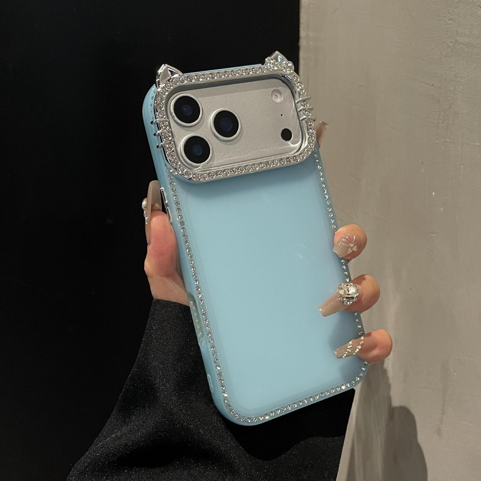 Двусторонний чехол для iPhone 17 Pro Max с матовыми ушками KT, усыпанными бриллиантами iPhone 14 Pro