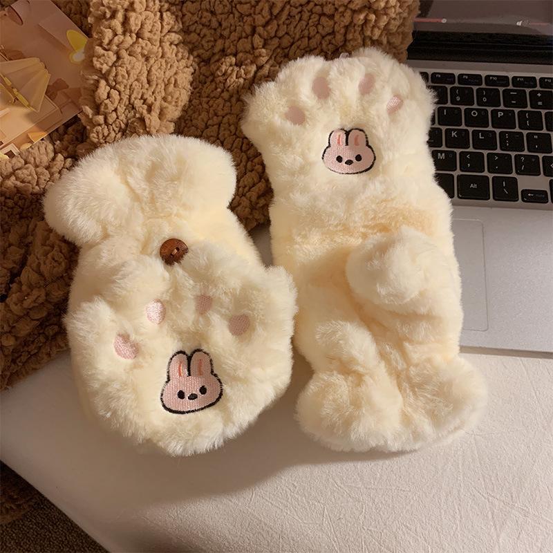 Cute flip bunny plush finger neck gloves female warm and velvet student cold proof