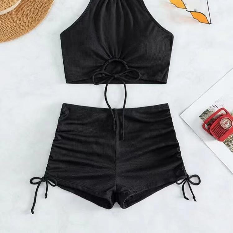 European & American Women’s Hot Spring Conservative Solid Color Backless Bikini Swimsuit