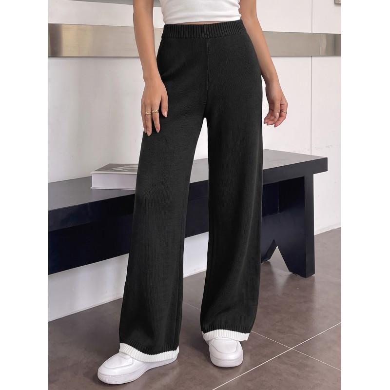 Womens High-Waisted Straight Leg Cropped Pants With Color-Block Stitching Casual Knit Trousers