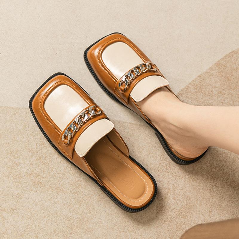 Fashion Wide Fit Square Toe Mules Women Brand Chain Pantuflas Causal Slip On Shoes Ladies Flat Sandals Barefoot Slides Antiskid Slippers