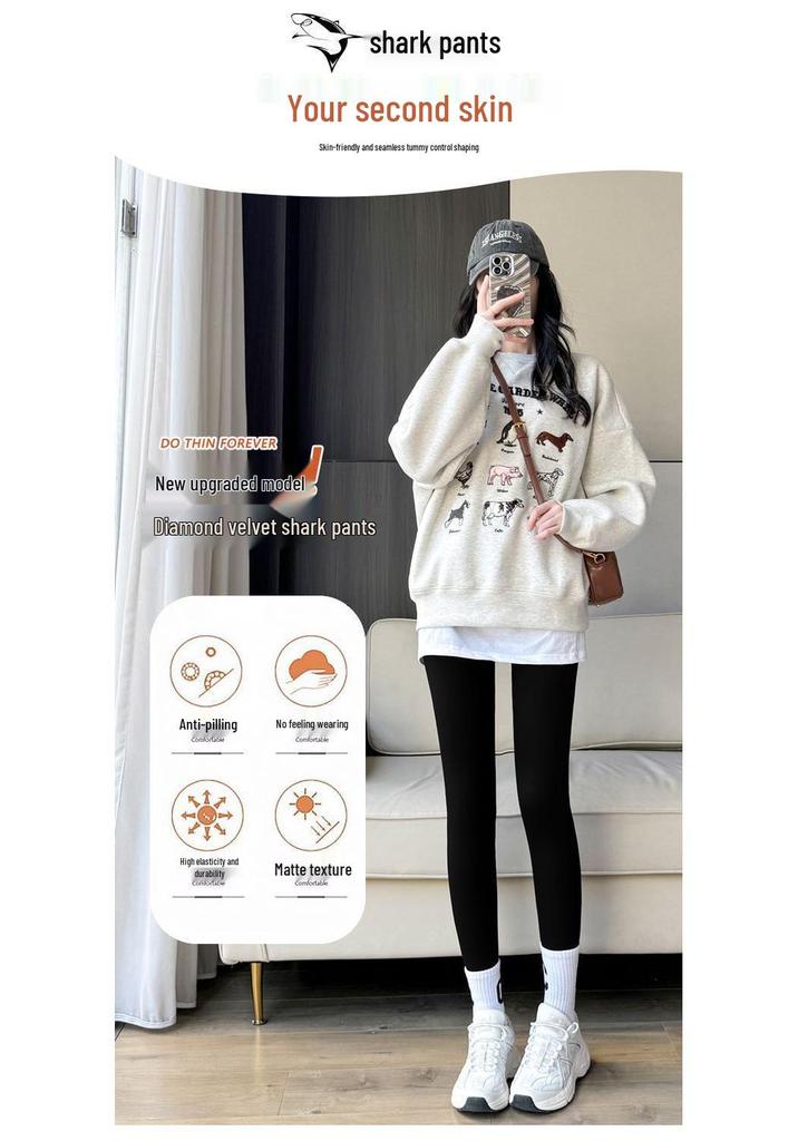 Women's Plus Velvet Thickened High-Waist Warm Diamond Pattern Shark Pants for Autumn/Winter