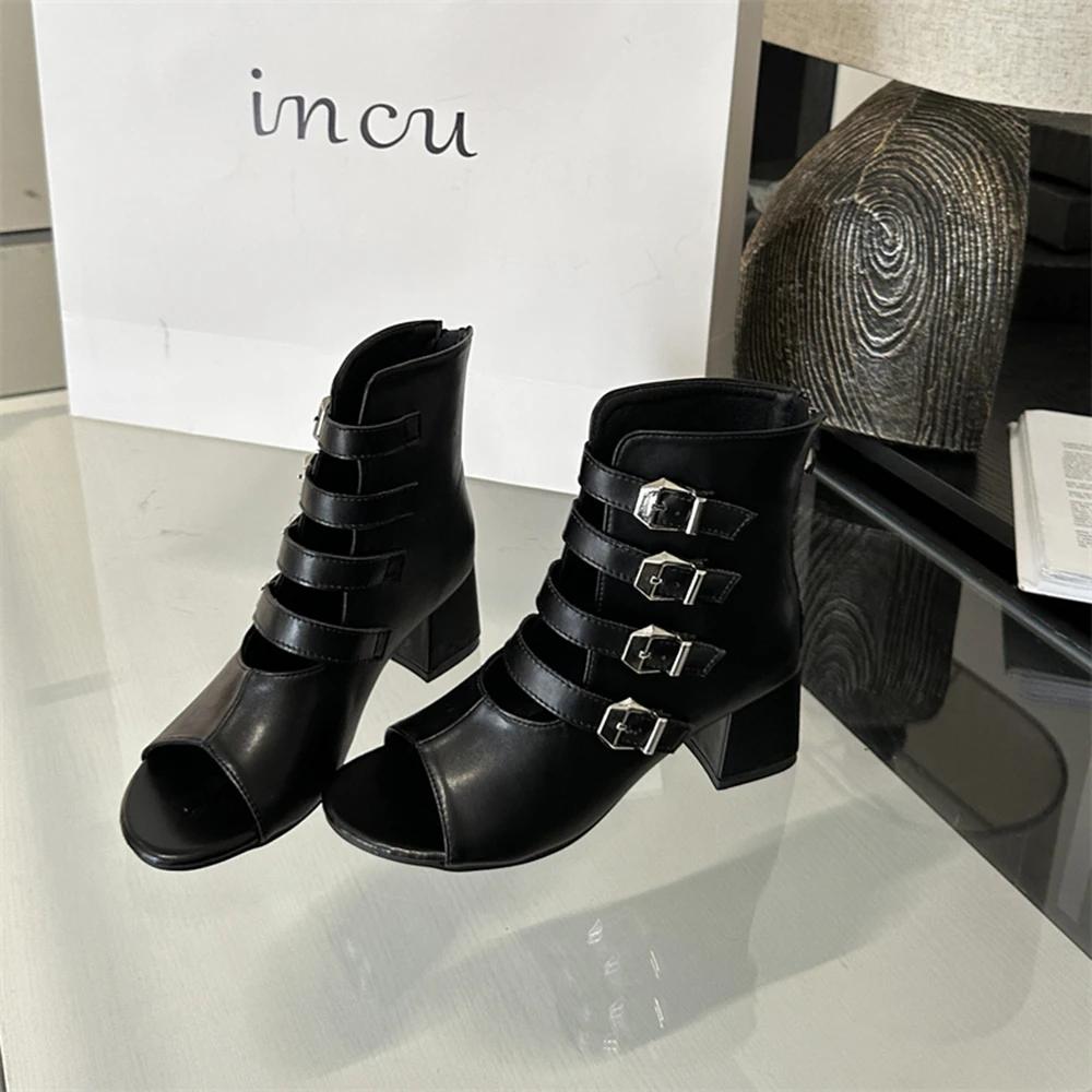 

Sexy Women Ankle Boots Open Toe Black White Belt Buckle Summer Short Botas Back Zipper 2026 New Arrivals Fashion Booties Flats 35 чорний