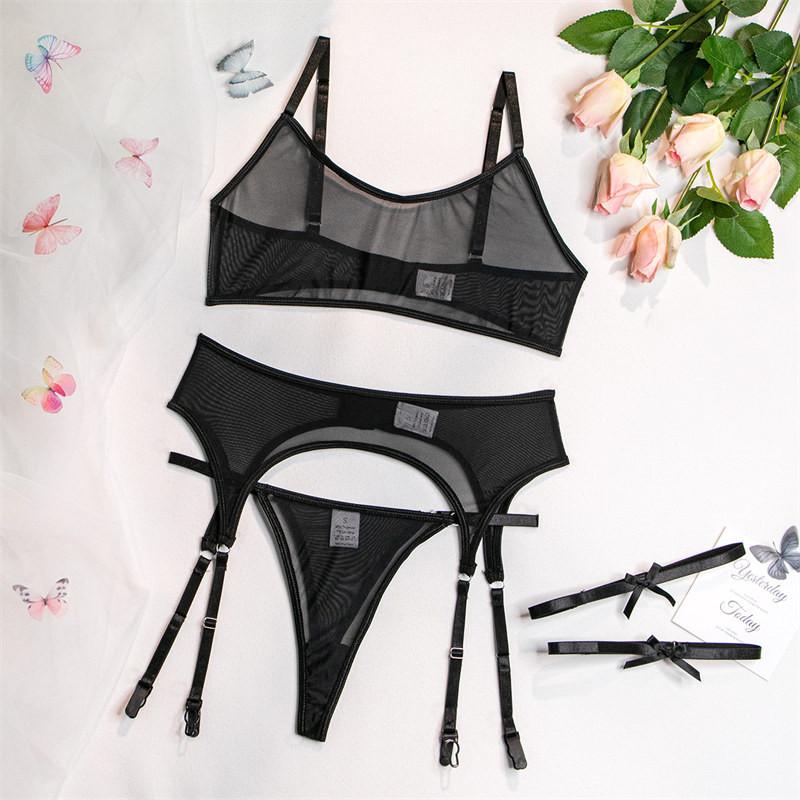GZW Fashion Nové dámské erotické spodní prádlo Síťovaná průhledná sexy spodní prádlo Podvazkový pás Tanga Set Černá