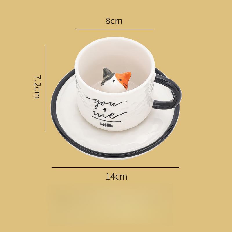 

200 мл керамическая кофейная кружка с котенком и блюдцем, симпатичная объемная чашка с изображением животного, коровьего молока, кружка для девочки, кошки, праздничный подарок 200ML