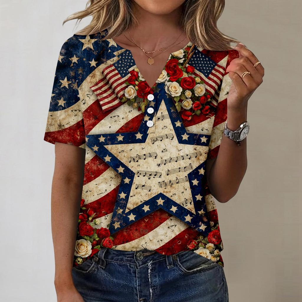 Women's fashionable casual short-sleeved Independence Day print V-neck top